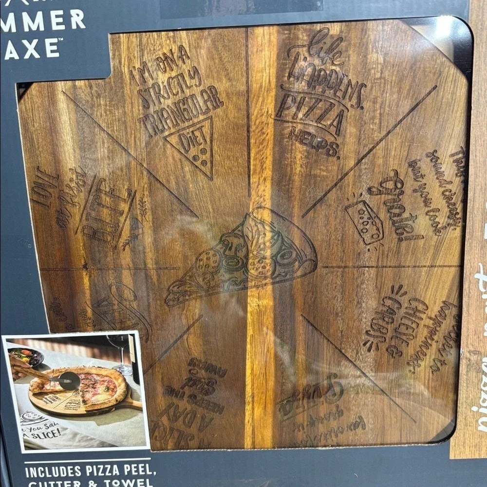Hammer + Axe Pizza Party Tool Set Wooden Pizza Cutting Board, Pizza Cutter Towel